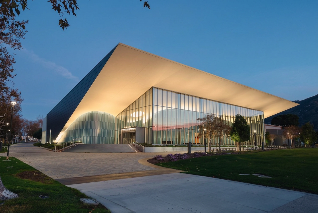The Performing Arts Center facade glowing gold at sunset