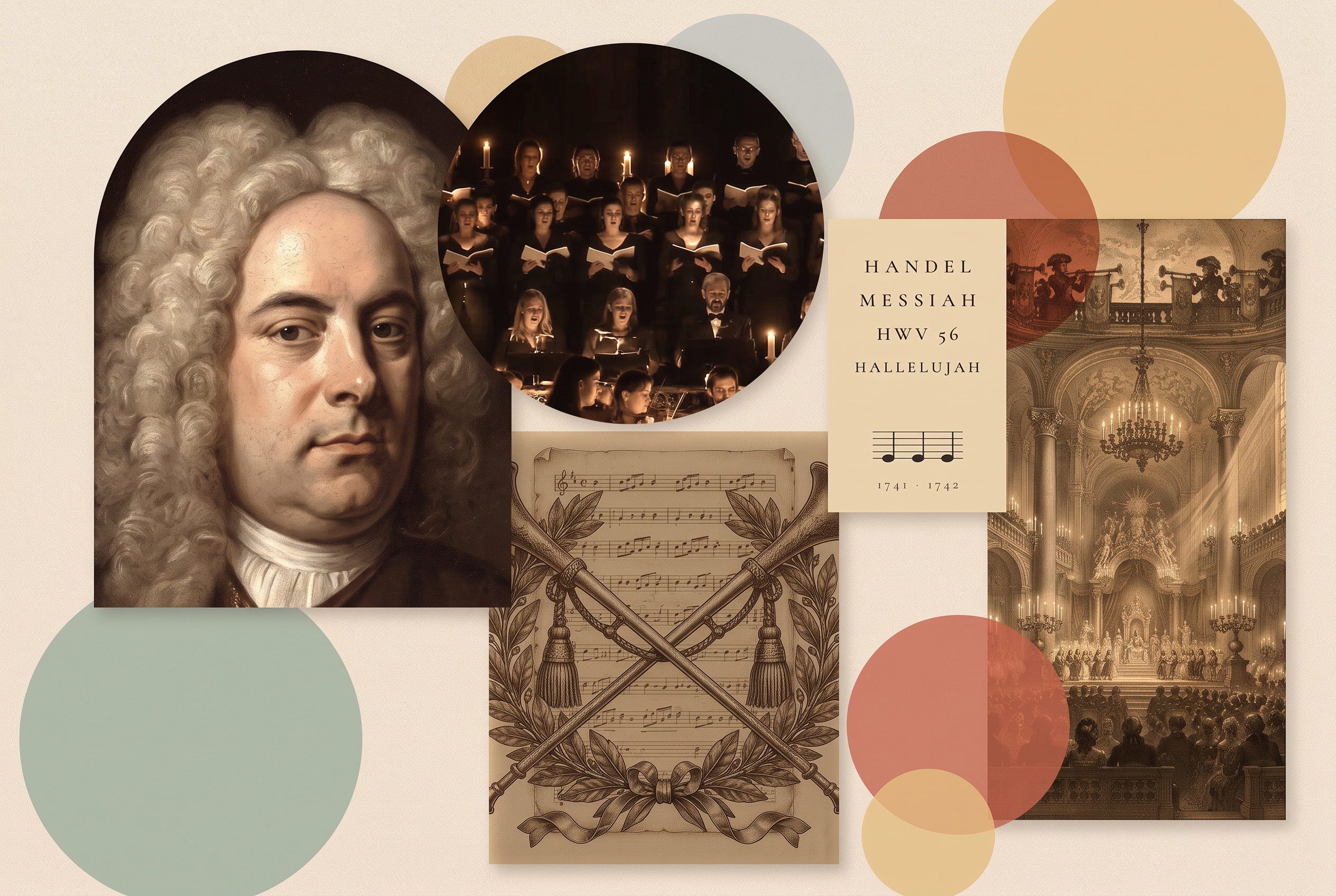 Handel's Messiah — a collage of George Frideric Handel's portrait, a choir singing by candlelight, crossed baroque trumpets over a manuscript, and a candlelit baroque hall