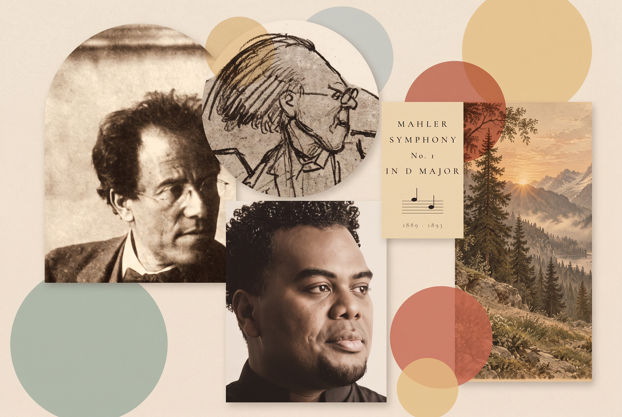Mahler Symphony No. 1 — a collage of Gustav Mahler, a conducting caricature, an alpine forest at dawn, and a portrait of Anthony Parnther